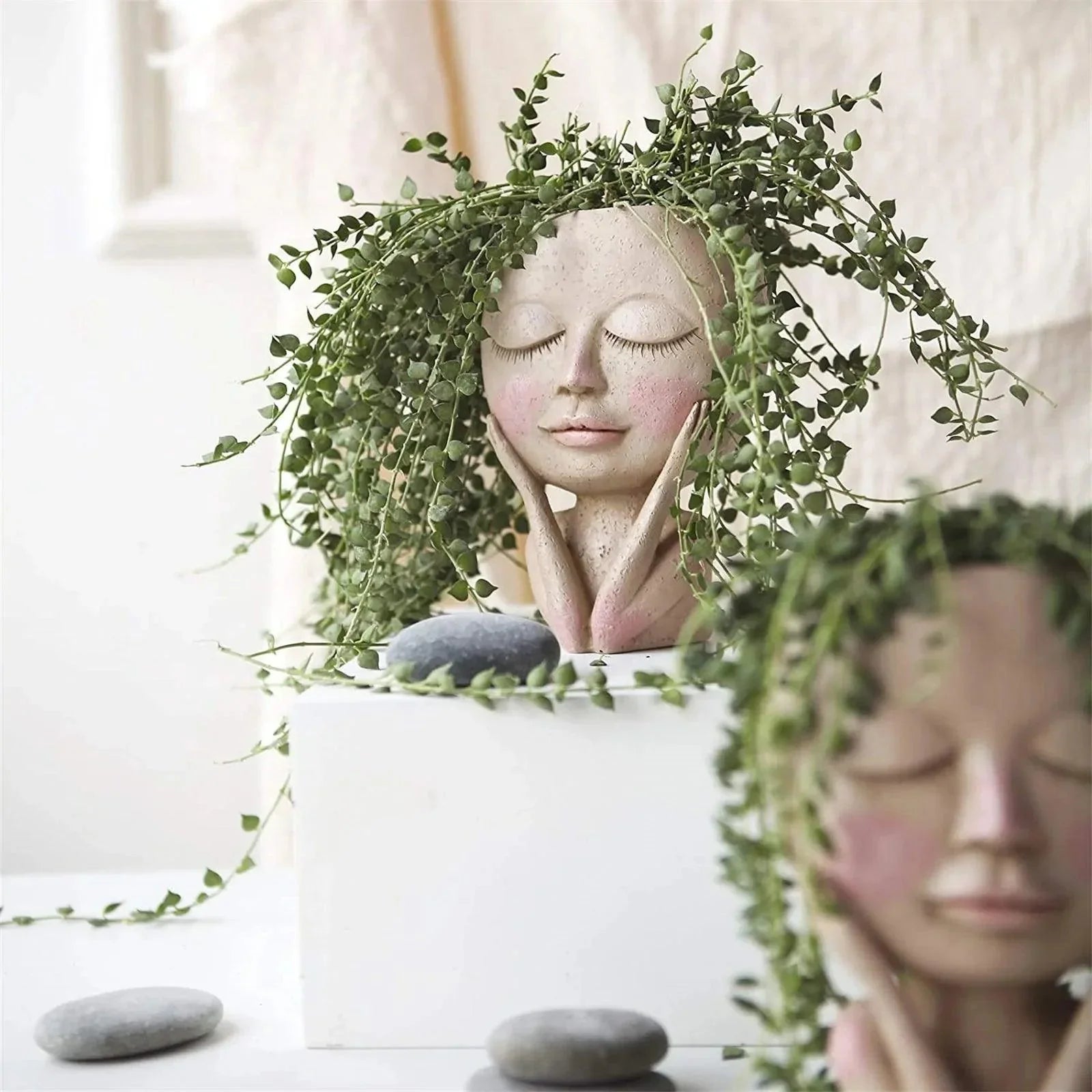 Jardinière à fleurs en forme de tête de fille, succulente