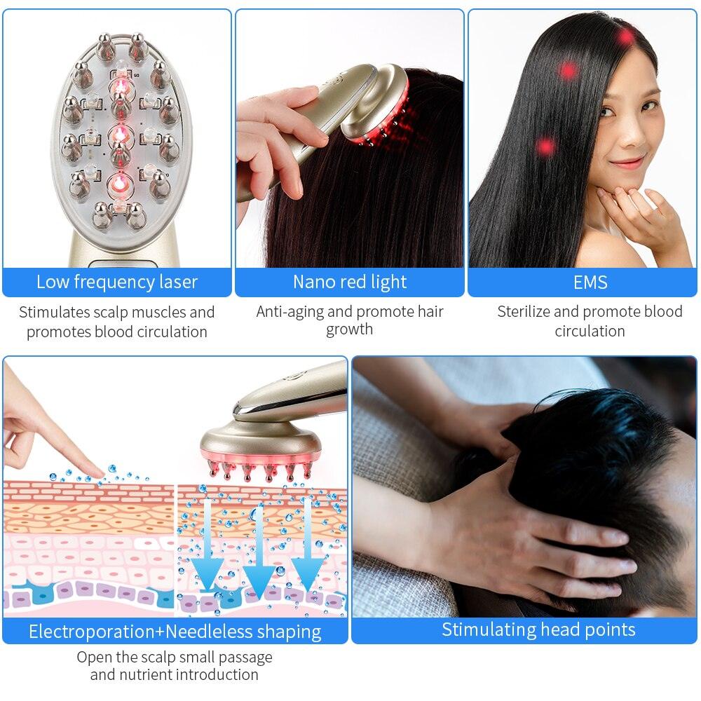 Peigne électrique pour la croissance des cheveux, appareil de massage par vibrations infrarouges EMS RF, micro-courant, traitement contre la perte de cheveux, repousse des cheveux