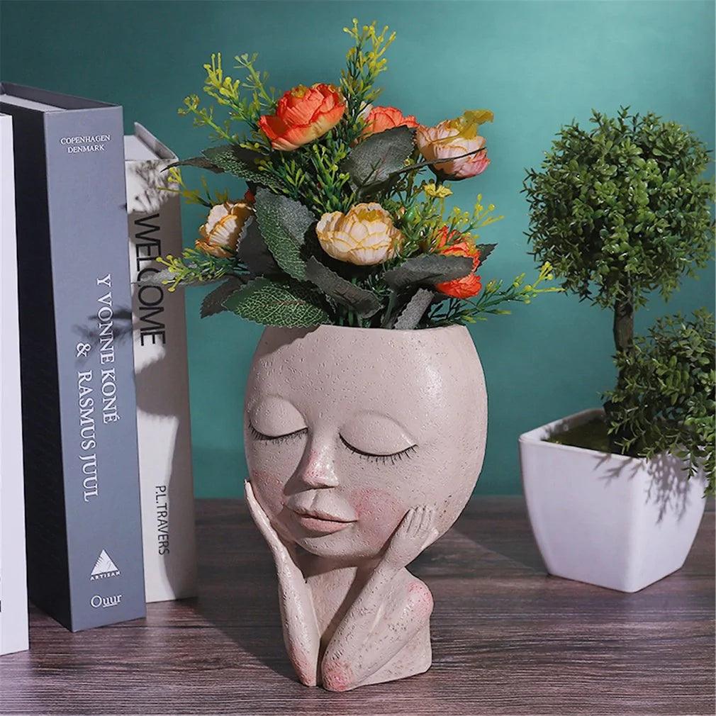 Jardinière à fleurs en forme de tête de fille, succulente