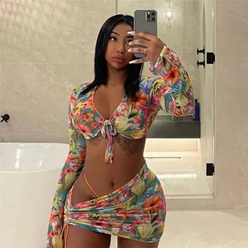 Ensemble jupe en maille florale 3 pièces