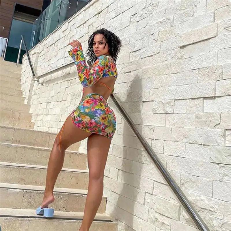 Ensemble jupe en maille florale 3 pièces
